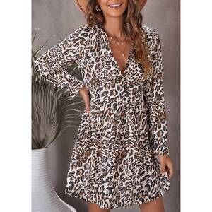 NEW DEAR LOVER ruffle v neck long sleeve tunic mini dress in leopard